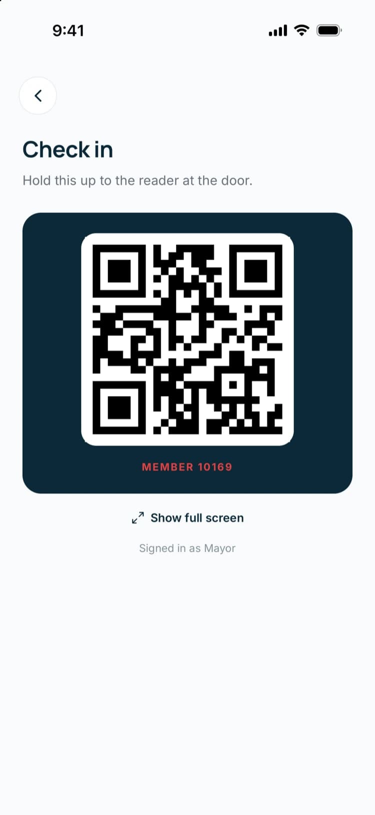 Fitlify member app check-in screen: the member's QR code to hold up to the reader at the door