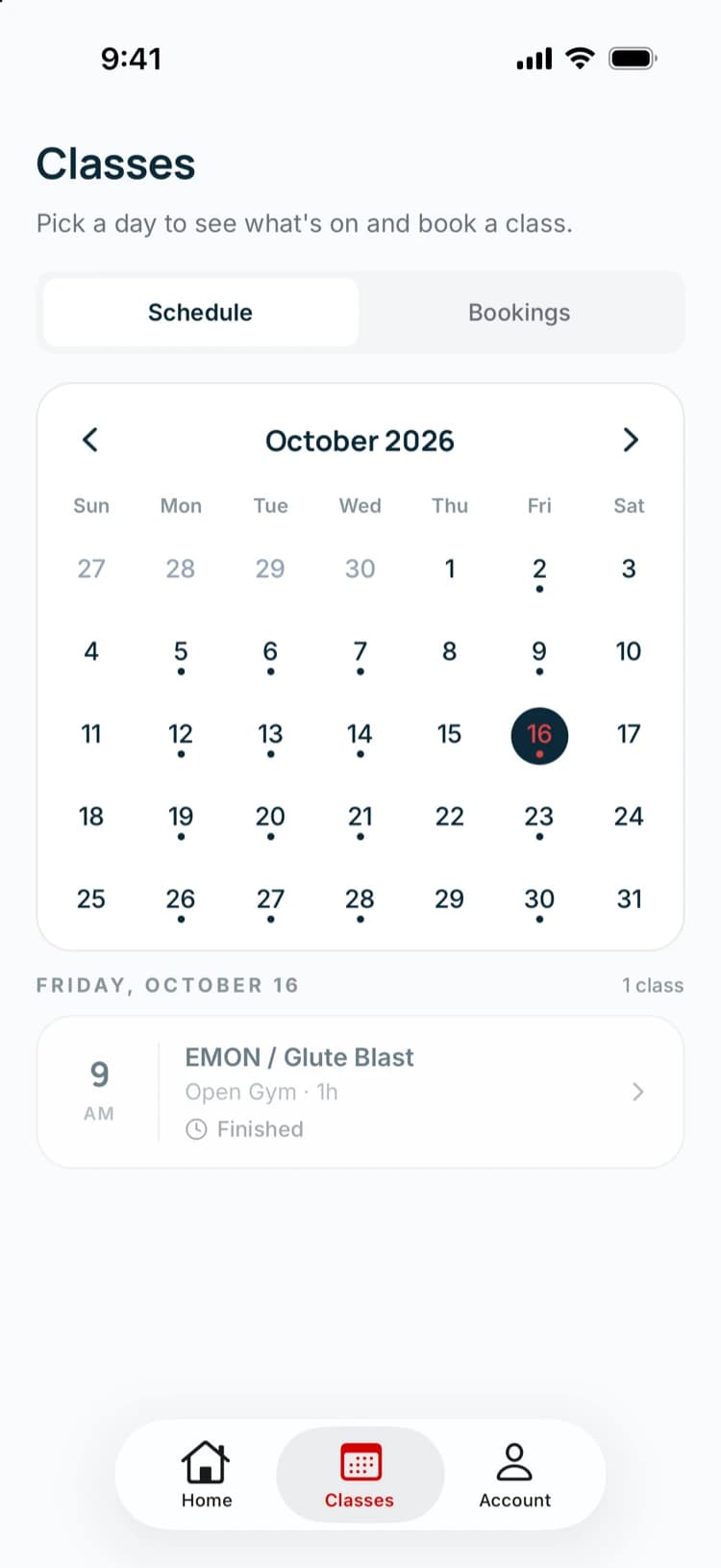 Fitlify member app classes screen: a month calendar of the gym's schedule and the classes on the selected day