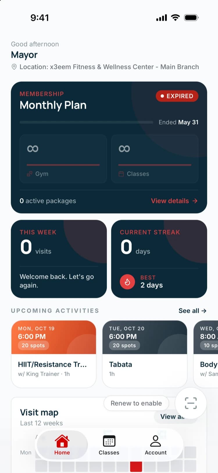 Fitlify member app home screen: membership card with gym and class access, visits this week, current streak and upcoming classes