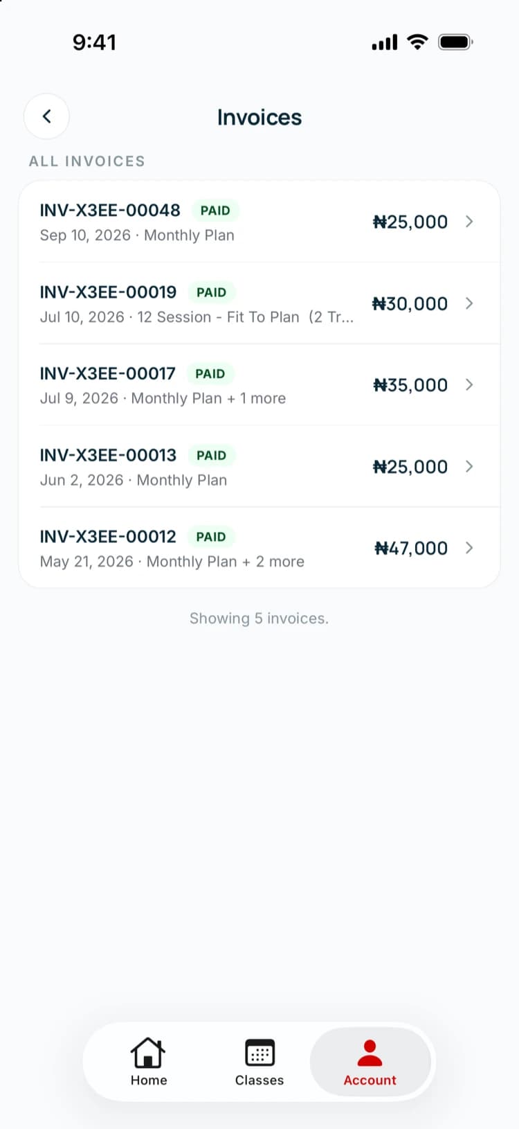 Fitlify member app invoices screen: paid invoices in naira with dates and plans
